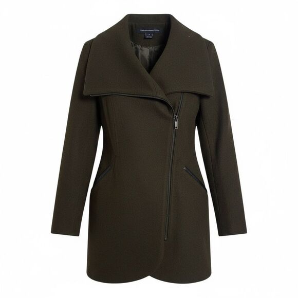 French Connection Wing Collar Asymetrical Zip Wool Blend Coat Green Small - Picture 1 of 8